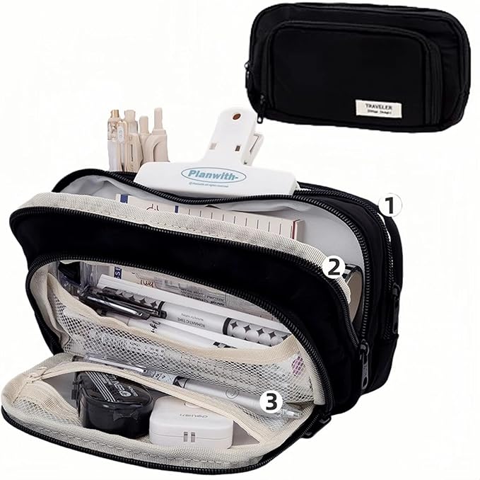 Big Capacity Pencil Case 3 Compartments Large Pencil Pouch Pen Bag Pencil Box Holder Organizer Simple Storage Aesthetic Stationery Cosmetic for Adults Men Women Office Essentials (Black)