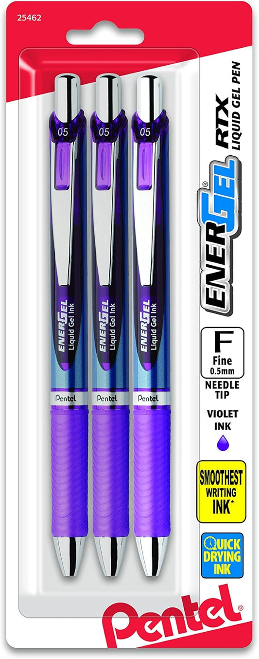 Pentel EnerGel RTX Retractable Liquid Gel Pen (0.5mm), Fine Line, Needle Tip, Violet Ink, Pack of 3 (BLN75BP3V)