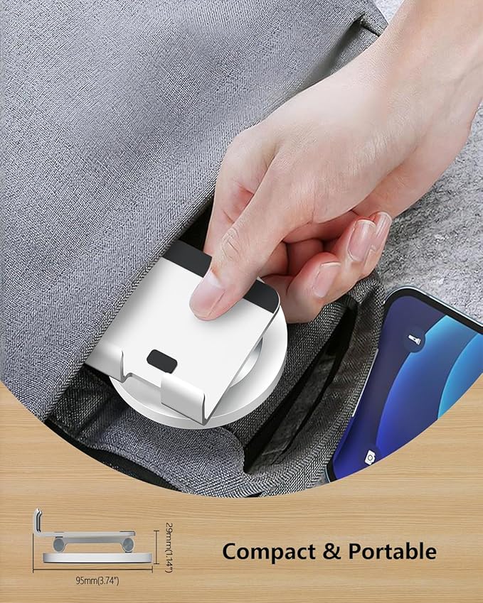 360 Rotating Phone Holder for Desk, Dual-Adjustable Foldable Heavy-Duty Bases Aluminum Phone Stand Compatible with iPhone 17 16 15 14 13 12 11 Series, Galaxy, 4-8" All Phones (Silver)