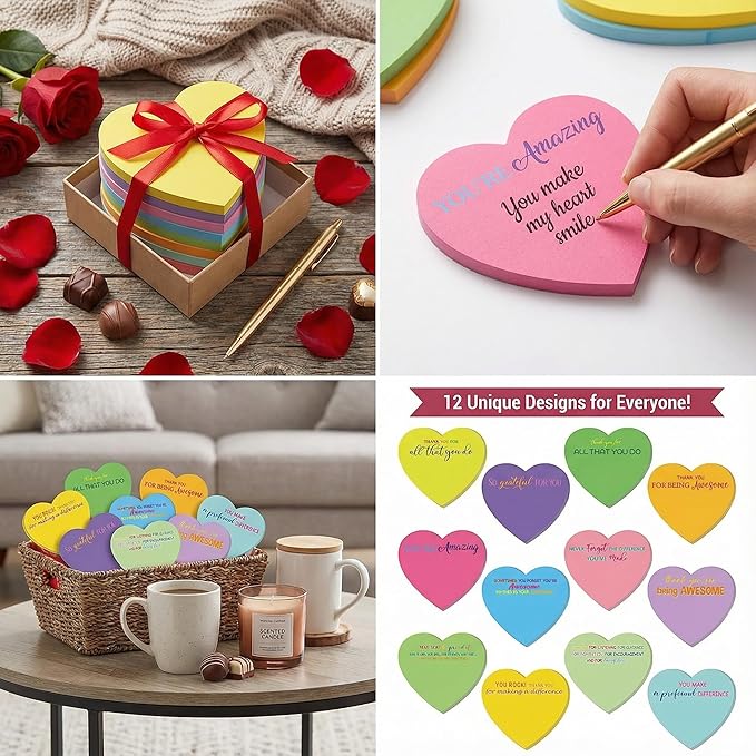 Teling 24 Pack Valentine's Day Sticky Notes Heart Shape Sticky Notes 3 x 3 Inch Thank You Notepads Bulk Cute Memo Pads for Galentines Party Gifts School Office Supplies (Bright)