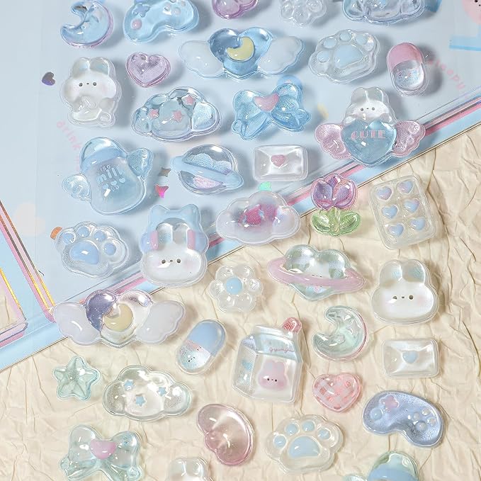 3D Cute Cartoon Blue Puff Stickers - Kawaii Rabbit Love Heart Mini Puffy Stickers Reusable Resin Decorative Decals for Scrapbooks Planner Journals Laptops Phone Case Decor