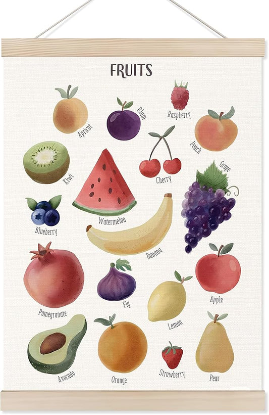 Koesus Fruit Food Wall Art Poster Hanger Frame 12x16 Inch, Educational Learning Canvas Pictures Prints Framed Wall Decor for Classroom Toddler Kids Room Nursery Preschool Kitchen