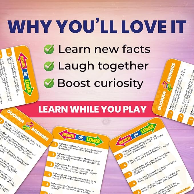 QUOKKA Trivia Board Games for Kids and Adults - Version V2.0 - Family Night Geography Games 4xSet Higher or Lower Trivia Cards | Guess Fun Questions | 2 + Players - Challenge Your Geography Knowledge