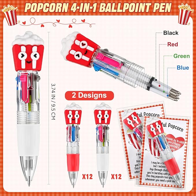 Colarr 24 Set Popcorn Valentines Gifts Multicolor Pens with Support Cards for Valentines Day Party Favors Classroom Prizes Students Goodie Bags Stuffers 4 in 1 Ballpoint Pens