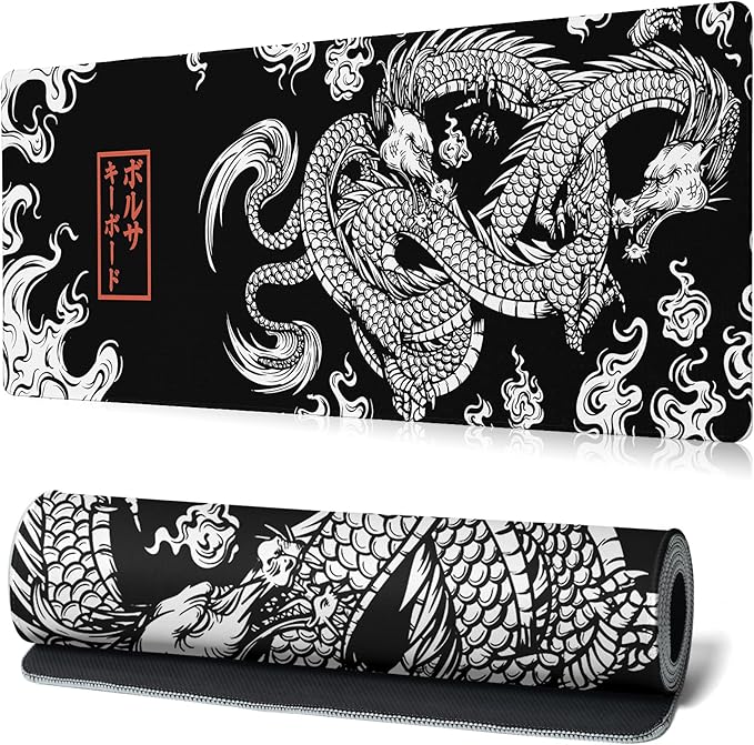 Black and White Mouse Pad Extra Large Gaming Mousepad Dragon Desk Mats Japanese Full Keyboard Mat Computer Pad Desk Mat with Stitched Edges Non-Slip Desktop 31.5 x11.8 in