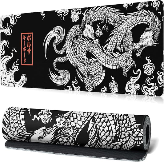Black and White Mouse Pad Extra Large Gaming Mousepad Dragon Desk Mats Japanese Full Keyboard Mat Computer Pad Desk Mat with Stitched Edges Non-Slip Desktop 31.5 x11.8 in
