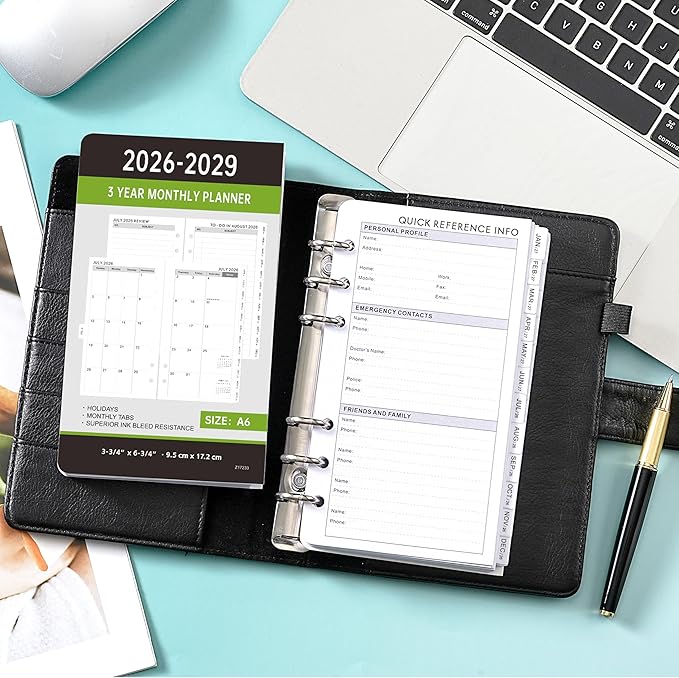 2026-2029 Monthly Planner Refill - A6 Size, Planner Inserts with 6-Hole Punched, July 2026 - June 2029, Two Pages Per Month, 2026-2029 Monthly Calendar with Tabs