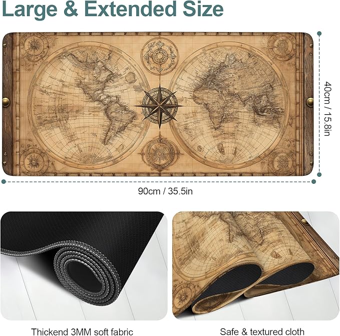 Vintage World Map Extended Gaming Mouse Pad 35.4 x 15.7 Inch – Retro Desk Mat for Gaming, Office Work, and Study, with Non-Slip Rubber Base
