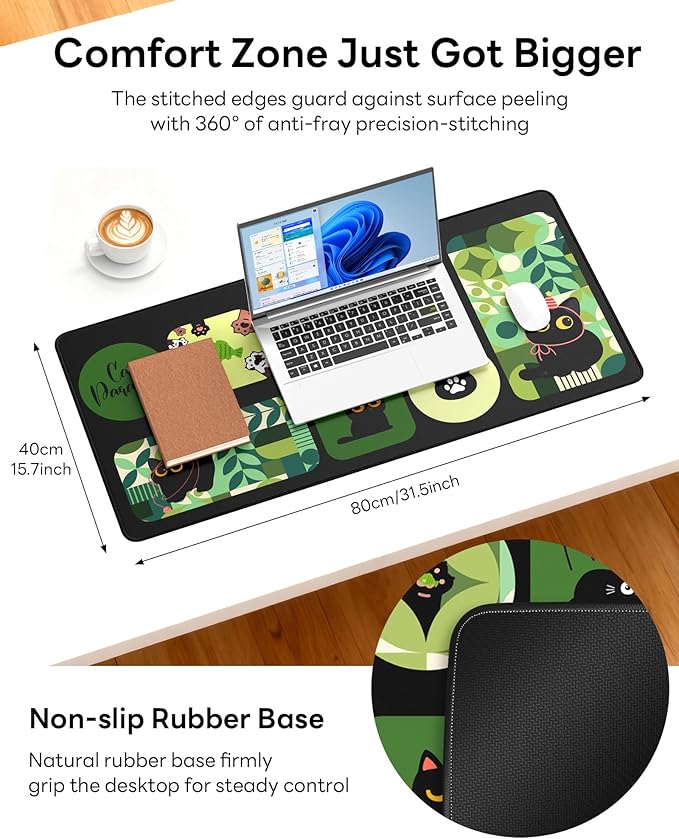 XL Gaming Mouse Pad, 31.5x17.5'' Large Desk Mat with Anti-Slip Rubber Base & Stitched Edges for Gaming, Office, Home - Cute Kitty
