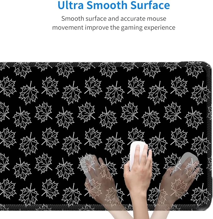 Black Maple Leafs Mouse pad 31.5×11.8in Suitable for Office Laptop Keyboard Desk mat, with Sewn Edges, Anti-Slip microwoven Fabric (Black Geometric Pattern)