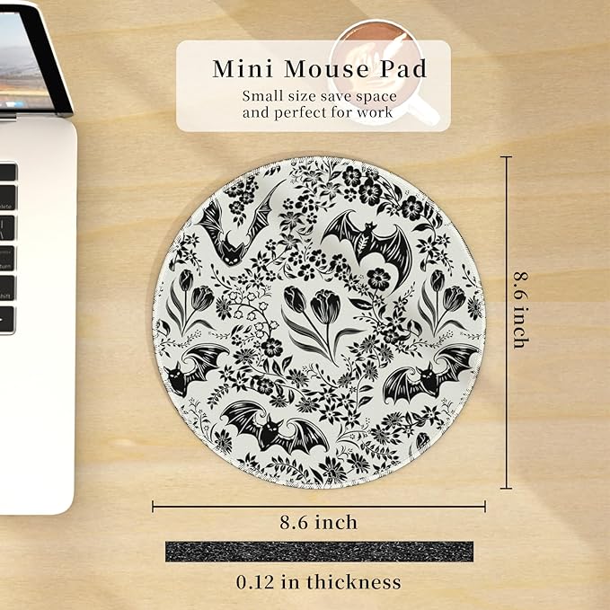 Goth Bat Floral Mouse Pad for Desk, Gothic Small Cute Mousepad with Non-Slip Base, Round Mouse Pads for Wireless Mouse Laptop Gaming, Computer Mouse Mat for Office Decor Desk Accessories