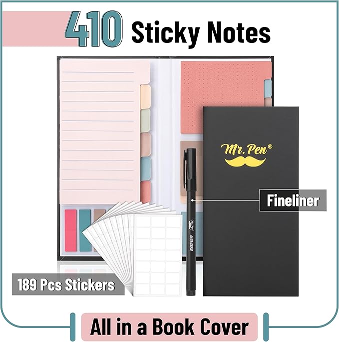 Mr. Pen Sticky Note Set - 410 Pack with Vintage Colors, Transparent and Divider Tabs for Planners