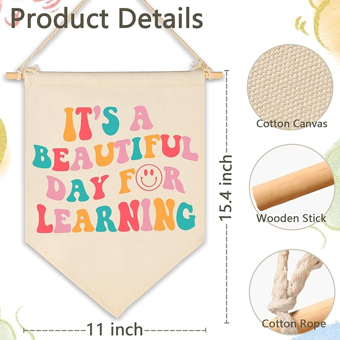 Classroom Banner Wall Decor-Reading Room Sign-It's A Beautiful Day for Learning-Teachers Appreciation Week Gift-Canvas Hanging Pennant Flag Poster-Inspirational Positive Quote-Teacher Gift