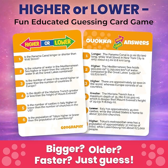 QUOKKA Trivia Board Games for Kids and Adults - Version V2.0 - Family Night Geography Games 4xSet Higher or Lower Trivia Cards | Guess Fun Questions | 2 + Players - Challenge Your Geography Knowledge