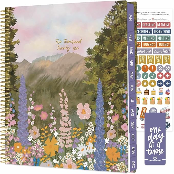 bloom daily planners 2026 Planner (January to December) - 8.5” x 11” Weekly & Monthly Dated Agenda Organizer Book with Stickers & Tabs - Flexible Soft Cover - Wildflower Mountainside