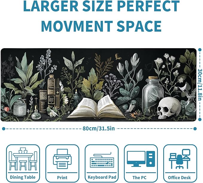Dark Academia Mouse Pad Desk Mat XL Extended Large Gaming Desk Pad Mousepad, Mystical Green Plant Computer Laptop Keyboard and Mouse Mat, Desktop Protector Mat for Office and Home 31.5x11.8 in