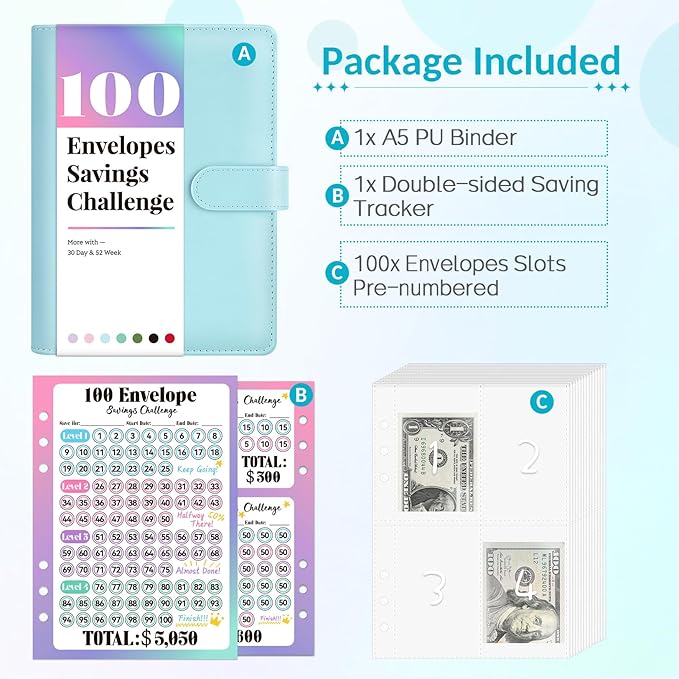 Sooez 100 Envelopes Money Saving Challenge, Savings Challenges Book with Envelopes, Flexible Saving $5050, $2600, $300, Savings Binder with 100 Pocket Pre-Number & Reusable Laminated Tracker