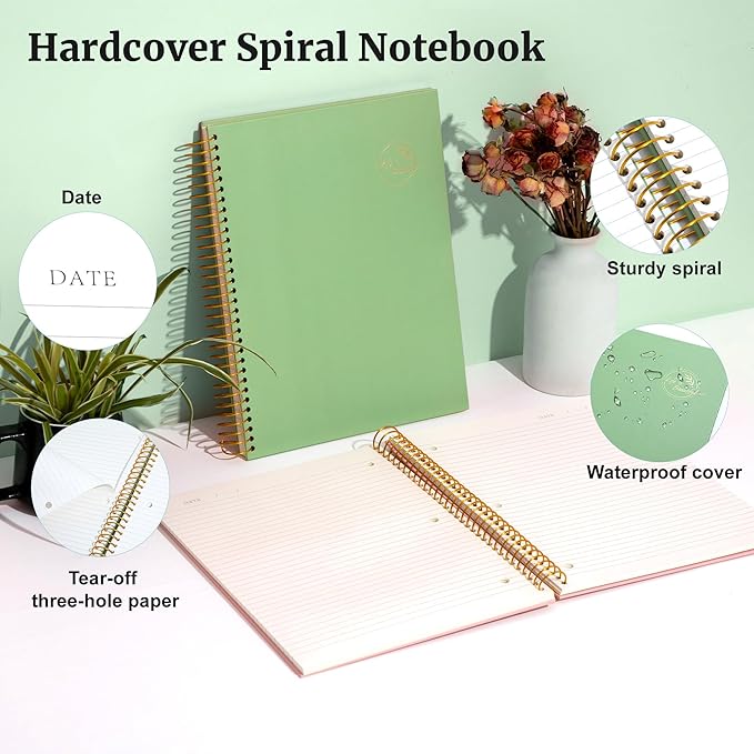 FLYING EAGLE Spiral Notebook 8.5 X 11, 1 Subject, 200 Pages College Ruled Notebook, 3-Hole Punched Paper, Hardcover Spiral Bound Notebooks for Work, School, Lined Note Taking, Green