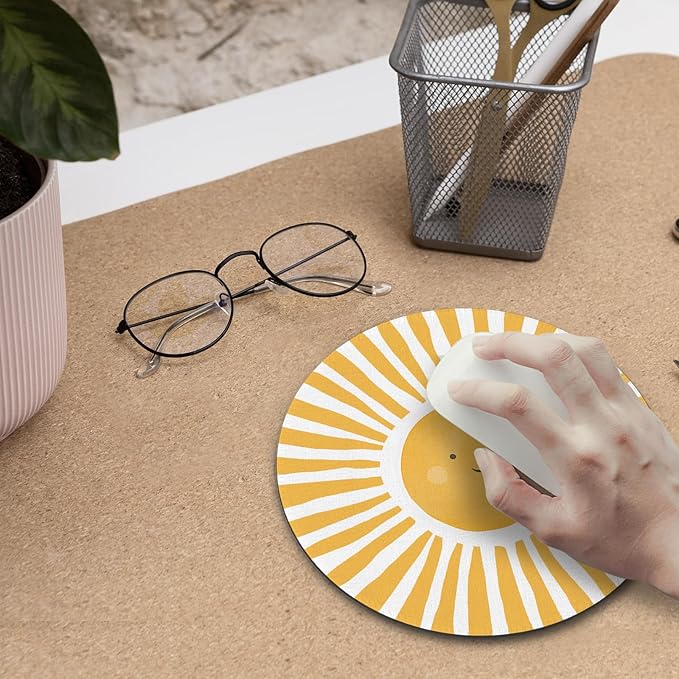 Boho Yellow Sunshine Mouse Pad, Cute Sunshine Mouse Pads Mousepad for Desk Home Office Dorm Computers Laptop, Boho Office Supplies Desk Accessories, 7.9x7.9 Inch