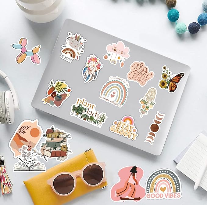 300 PCS Aesthetic Boho Stickers, Cute Vinyl Waterproof Stickers for Water Bottles Laptop Phone Journaling Scrapbook Junk Journal, Scrapbooking Supplies Kit, Sticker Packs for Adults Teens