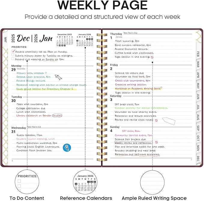 2026 Planner, Weekly and Monthly Calendar Planner, January 2026 - December 2026, Hardcover 2026 Calendar Book with Tabs For Women & Men, Inner Pocket, Spiral Bound, Perfect for Office Home School Supplies - A4 (8.5" x 11"), Burgundy