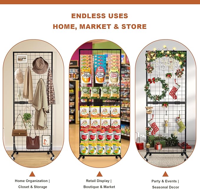Foldable Grid Wall Panels Display Rack 5.6' x 2' FT with 30 Hooks, Movable Gridwall Display Stand for Retail Display Craft Merchandise