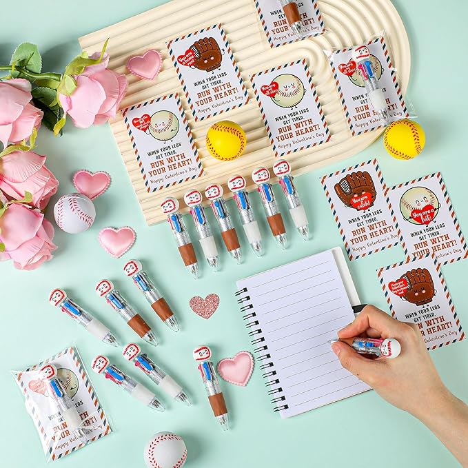 Colarr 24 Set Baseball Valentines Gifts Multicolor Pens with Positive Cards for Valentines Day Party Favors Classroom Prizes Students Baseball Team Goodie Bags Stuffers 4 in 1 Ballpoint Pens