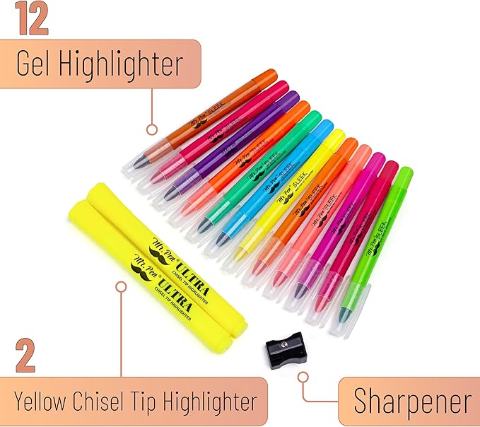 Mr. Pen- Gel Highlighters, 12 Pack, Assorted Colors, Bible Highlighters for Bibles That Do Not Bleed