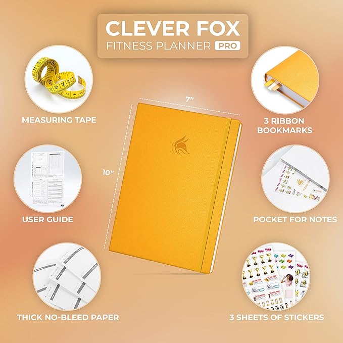 Clever Fox Fitness Journal PRO – Daily Workout Planner with Meal Planner & Habit Tracker – Gym Exercise Log Book for Women & Men – Fitness Planner Notebook – Lasts 6 Months, 7x10” - Amber Yellow