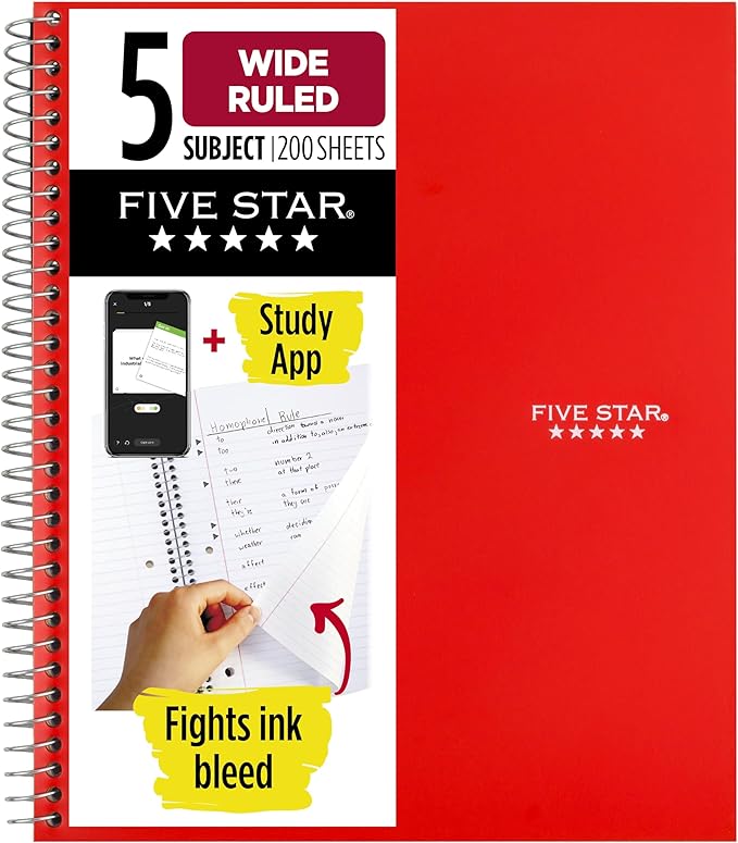 Five Star Spiral Notebook + Study App, 5 Subject, Wide Ruled Paper, 8" x 10-1/2", 200 Sheets, Fights Ink Bleed, Water Resistant Cover, Fire Red (72041)