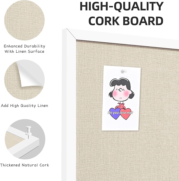 17x23 Inch Cork Board for Wall Hanging with Linen, Bulletin Board with Push Pins, Mounted Memo Message Board for Home Office Decor, Dorm Room Essentials, Classroom Organization