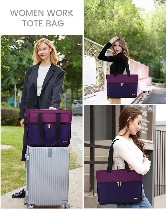 LOVEVOOK Laptop Bag for Women 15.6 Inch Canvas Laptop Large Capacity Work Bags Mutiple Pockets Teacher Bag Water Resistant Computer Bags for Business Travel Nurse, Dark Purple-Black