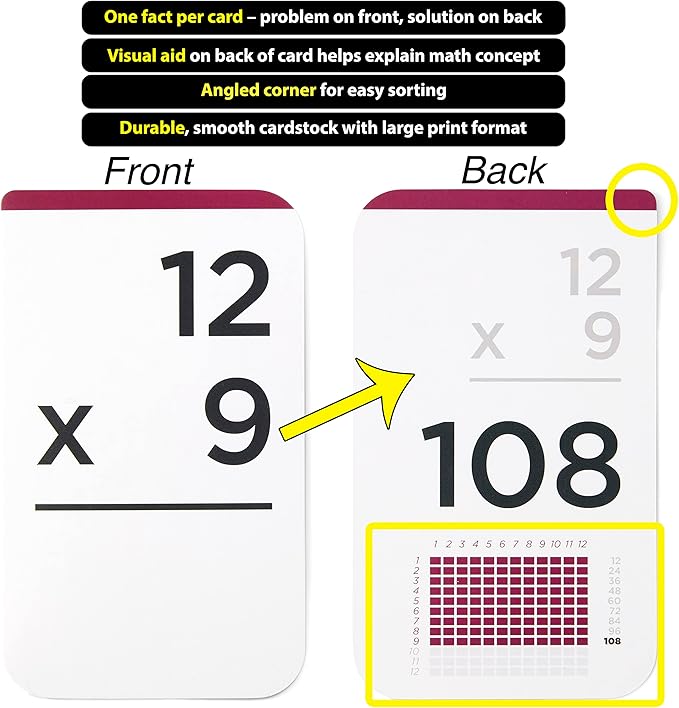 Award-Winning Multiplication Flash Cards – 173 Jumbo Cards (3.1” x 5.2”), All Facts 0–12 – 1 Fact & Visual Aid Per Card – Includes 2 Bonus Math Dice, Games, Charts & Mastery Divider Tabs – Grades 2–6