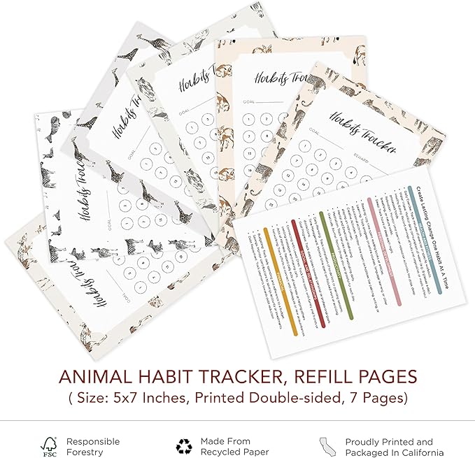 Habit Tracker Calendar - Made in USA, Designed by Local Artist, Motivational 30 day monthly challenge - Tool and gift for Productivity, Self-growth (Habit Tracker-Animal, Refill pages only)