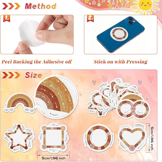 36 Pcs Anxiety Sensory Stickers Strips Adhesive Textured Mental Health Calm Stickers Mindfulness Fidget Decals Stress Anxiety Relief Items for Therapy Office Desk(Boho Breathe Style)