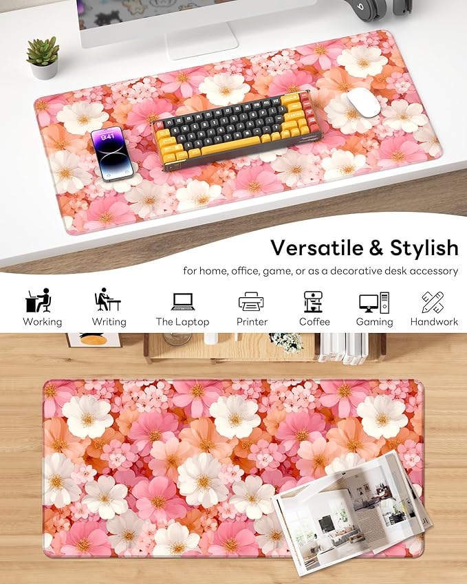 XL Gaming Mouse Pad, 31.5x17.5'' Large Desk Mat with Anti-Slip Rubber Base & Stitched Edges for Gaming, Office, Home - Floral