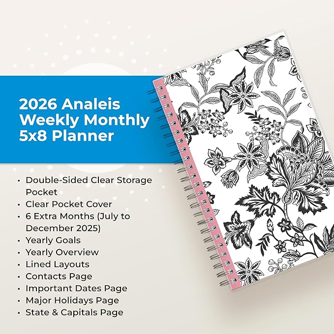 Blue Sky 2026 Weekly and Monthly Planner Calendar, January 2026 - December 2026, 5" x 8", Clear Pocket Cover, Laminated Tabs, Durable Twin Wire Binding, Analeis