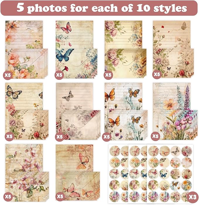 160 Packs Stationery Paper Set (50 Single-Sided Stationery Writing Papers 50 Matching Envelopes) 60 Round Dot Stickers, 10 Design Vintage Stationary Sets,5.5 x 8.25 Inch. (Nature)
