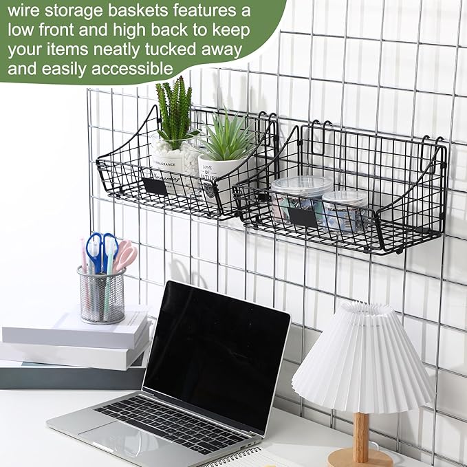 Blulu 4 Pcs Wire Wall Basket, Black Metal Grid Basket with Hooks Wall Hanging Storage Accessory for Vendor Trade Shows Kitchen Bathroom Pantry Supplies(11 x 6 x 5 Inch)