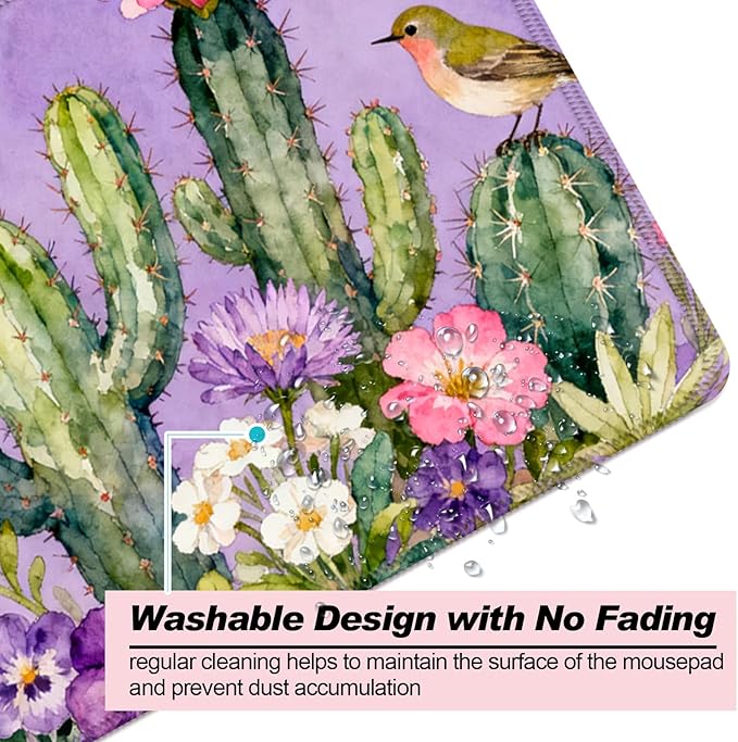 Beautiful Purple Watercolor Cactus XL Large Desk Mat, Extended Long Floral Aesthetics Desk Pad for Gaming and Office, Non-Slip Rubber Base, Comfortable Surface Mouse Pad, 31.5x11.8 in (H08)