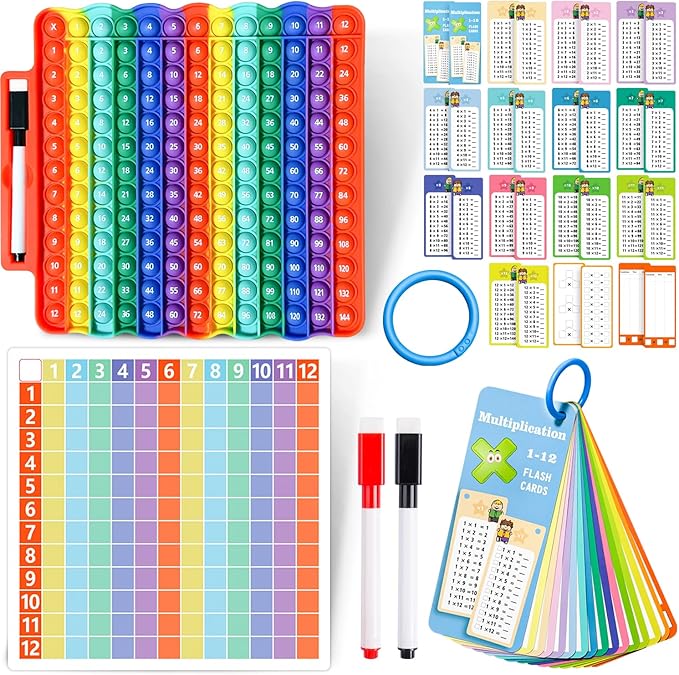 Multiplication Flash Cards + Math Board, Math Flash Cards & Chart, Times Table Manipulatives for Preschoolers 3rd,4th,5th,6th Grade