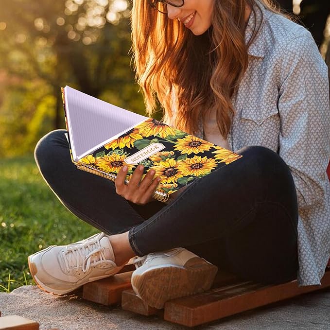 CAGIE Spiral Notebook 8.5 x 11 Aesthetic Hardcover Notebooks College Ruled with Large Pocket Floral Note Book Spiral Bound Journal Notebooks for Work Note Taking Women Writing School, Sunflower