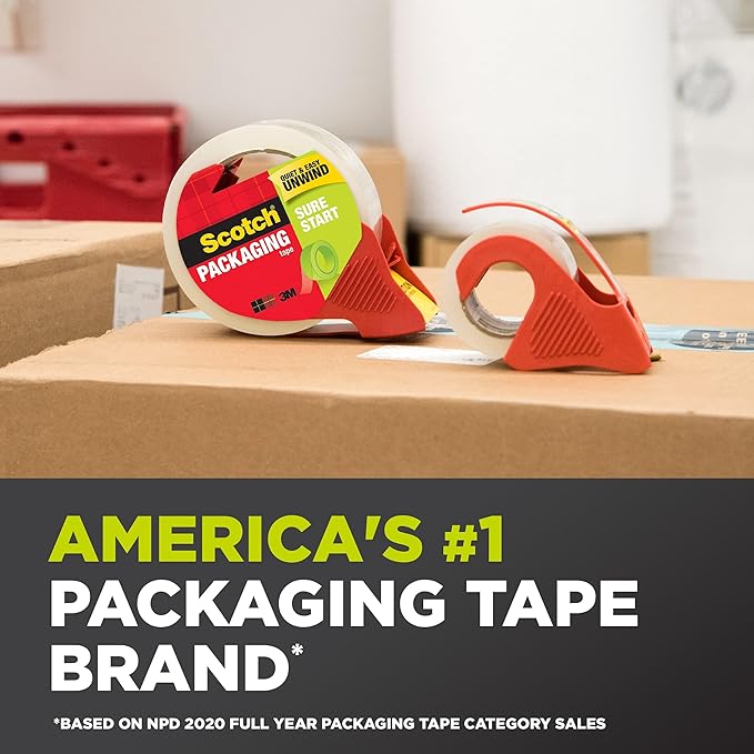 Scotch Sure Start Shipping Packaging Tape 1.88 x 54.6 yd Designed for Packing Shipping and Mailing Quiet Unwind No Splitting or Tearing 3 Core Clear 2 Rolls (3450-2)