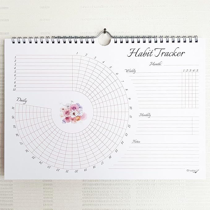 Habit Tracker Calendar (Undated 12 Month) Floral Design, Spiral Bound and Hanger, A4 Size (8,3"x11.7") Quality Heavy Paper, Monthly Habit Tracker Journal and Goal Tracker.