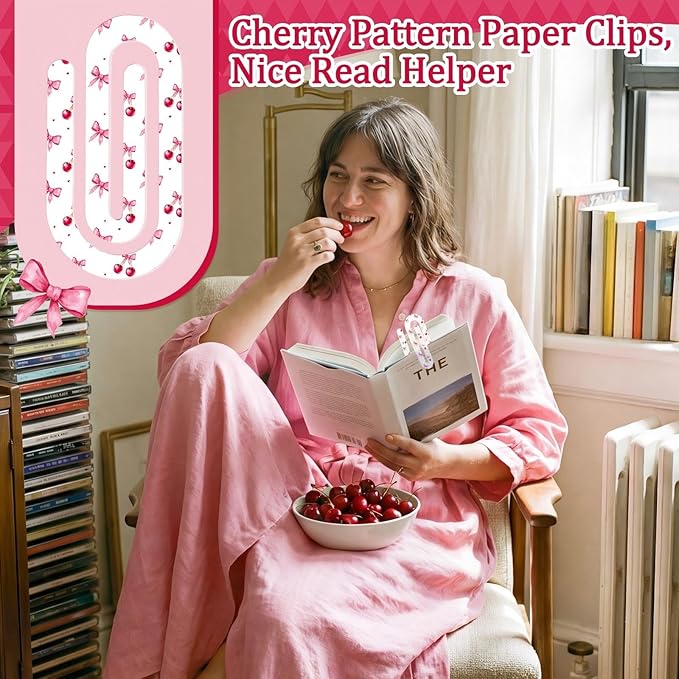 Tinlade 12 Pcs Cherries Bow Jumbo Acrylic Paper Clips 4 x 2 Inch Giant Cute Red Paperclips for Teachers Students Classroom Office Bookmark Gift Desk Home Accessories Book Lovers