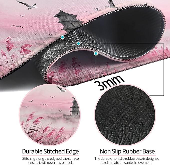 Fantasy Pink Tower and Egret XL Large Desk Mat, Extended Long Desk Pad for Gaming and Office, Non-Slip Rubber Base, Comfortable Surface Mouse Pad, 31.5x11.8 in (H23)