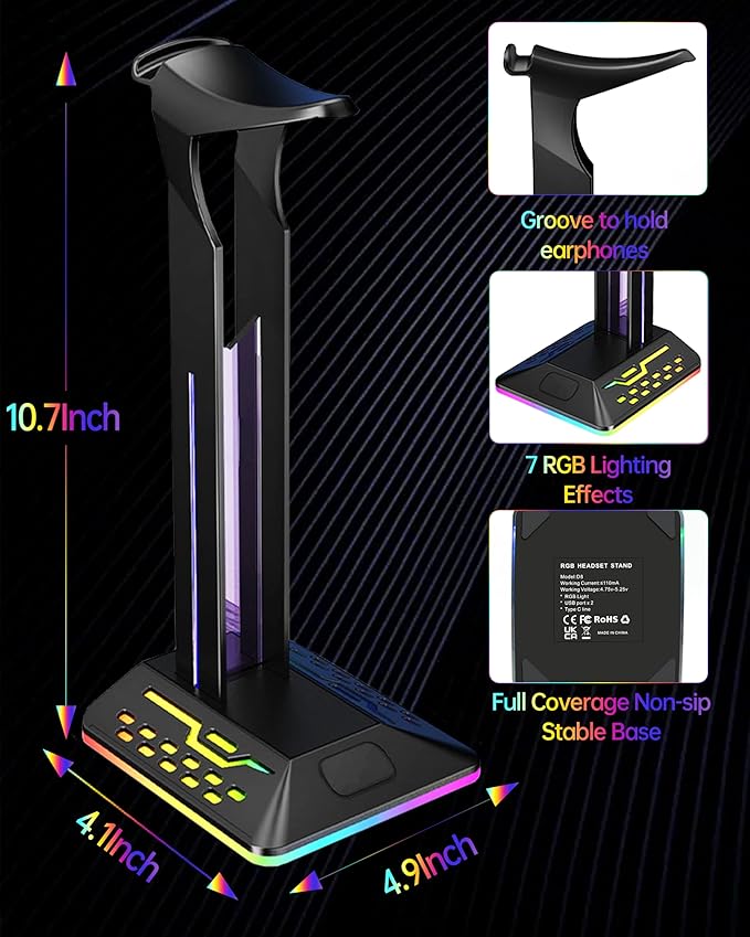 RGB Headphone Stand with 2 USB 2.0 Extension Charging Port Extender Cord,Desk Gaming Headset Holder,Cool LED Headphone Holder PC Gaming Accessories,Gamer Gifts