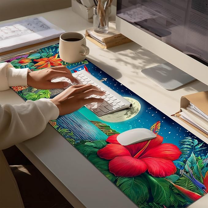 Large Mouse Pad Gaming Mousepad 31.5 x 11.8 Inch Keyboard Desktop Mat Diatomite XL Mouse Pad for Home and Office Desk Accessories with Tropical Coast Moonlight Floral Artwork