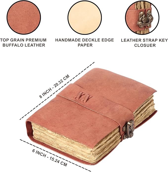 Vintage Leather Journal Handmade Buffalo Deckle Edge Paper – Leather Bound Journal for Women Men Vintage C-Lock Closure Ideal for Writing & Travel for Artists