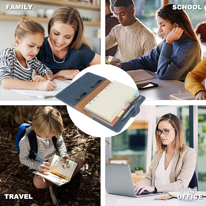 FYY A6 Binder Refillable Planner Notebook 6 Ring PU Leather Binder Journal with Pockets, Dividers, Refill Paper Navy